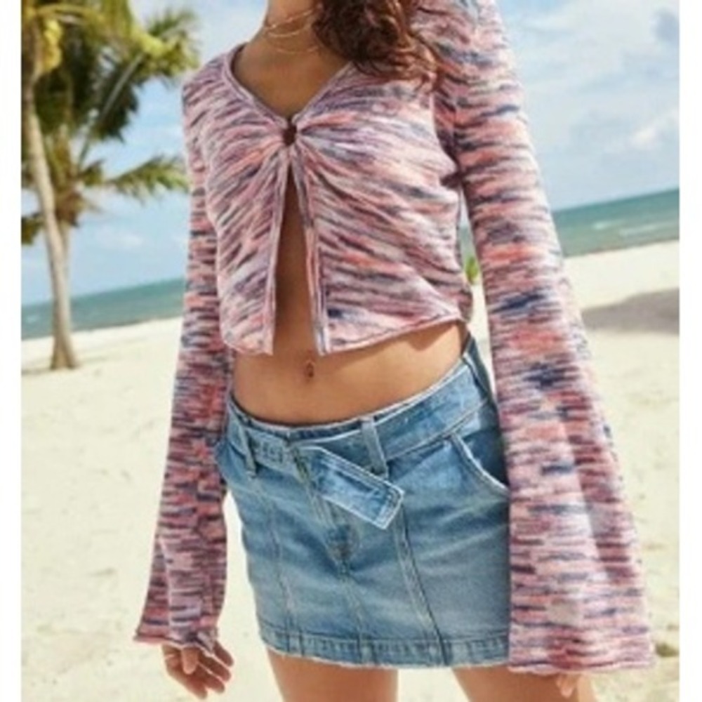American Eagle‎ Cropped Cardigan Women L Pink Blue Space Dye V-Neck NEW